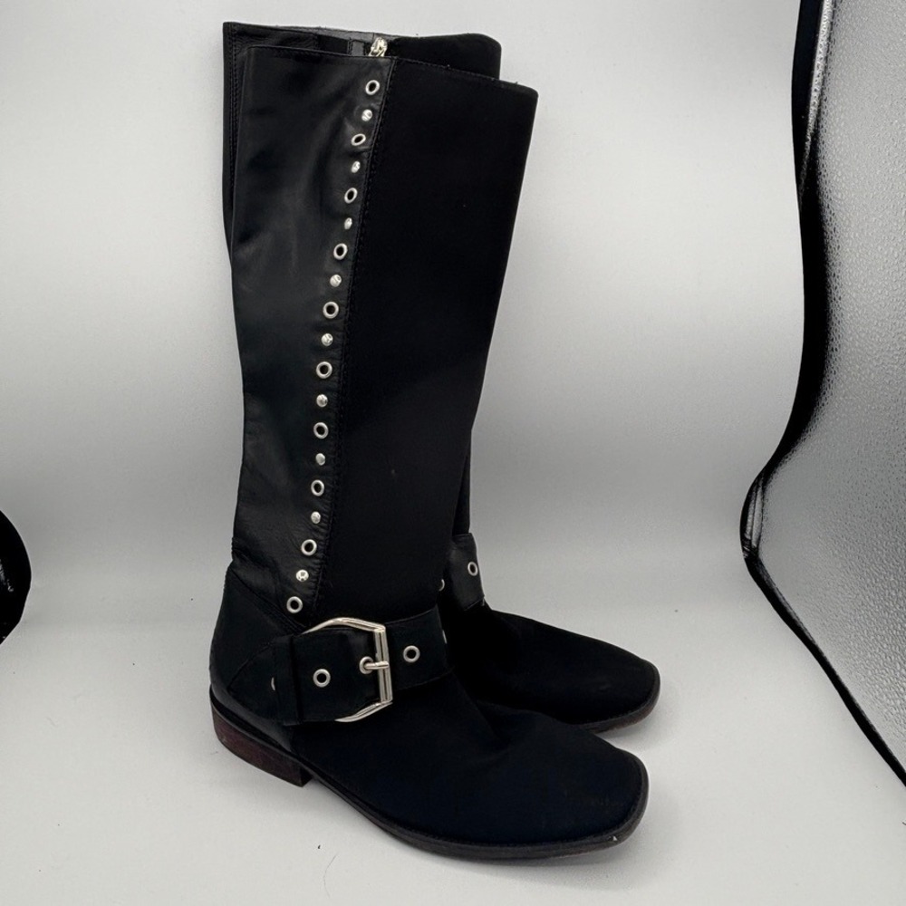 Donald J Pliner Gale Boots Womens Sz 7.5 Tall Black Studded Buckle Moto Goth GUC